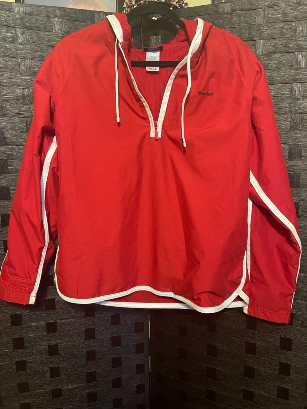 Vintage Reebok Windbreaker unisex LG 1990s Hooded Retro Red Semi Zip Nylon